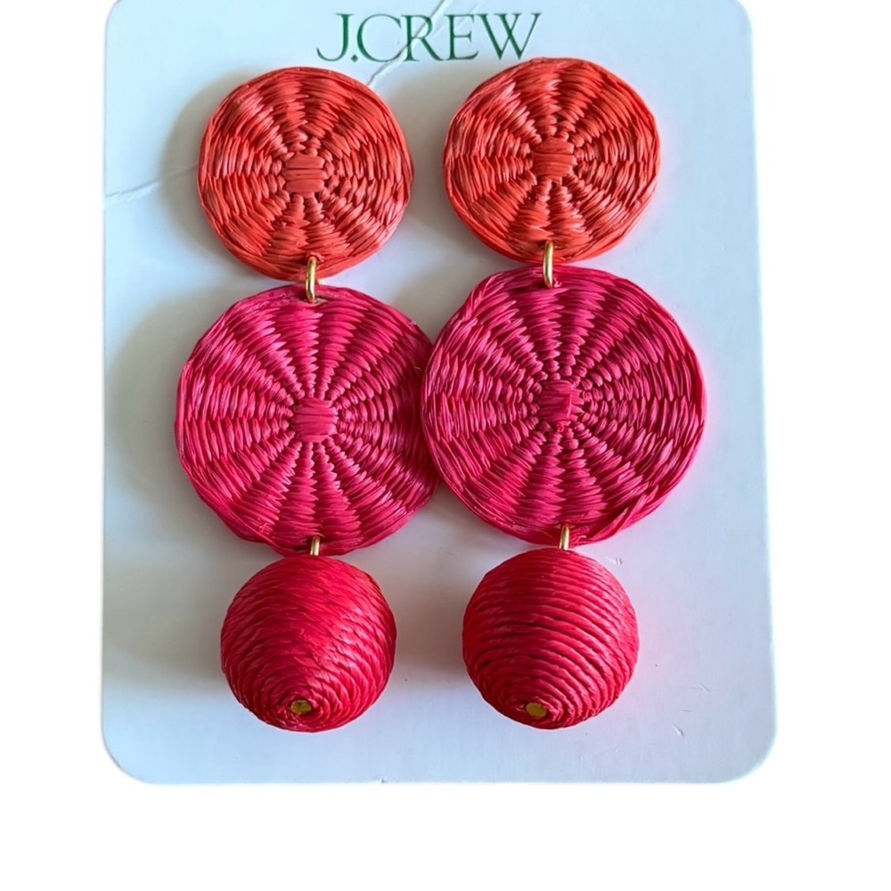 J. Crew Raffia Triple Drop Earrings Tropical Vacation Resort Papaya Pink